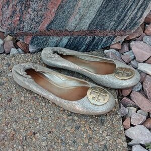 Tory Burch Reva metallic flats slip on shoes gold hardware womens sz 8